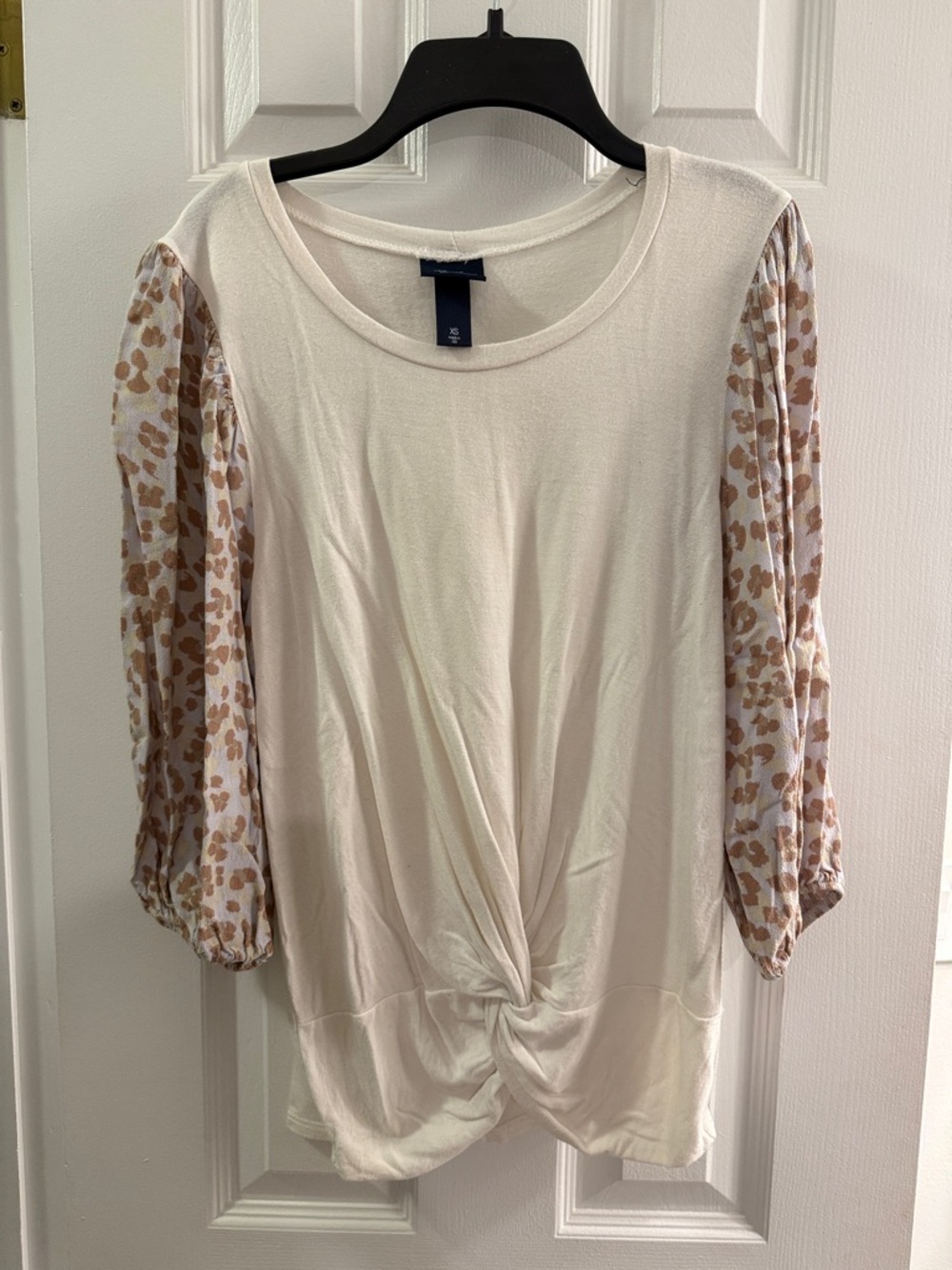 Daytrip Cream Twist-Front Tee with Tan Leopard Print Sleeves